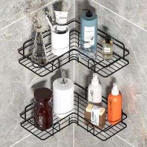 Sets Bathroom Corner Frame Shelf Shampoo Storage Rack Kitchen Wall Storage Black Basket With Suction Cup Organizer Bath Accessories