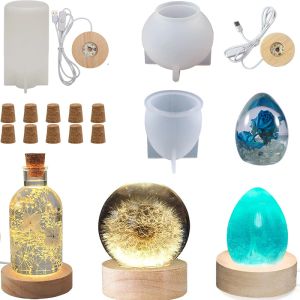 Necklaces Crystal Ball Resin Molds Sphere Silicone Molds with Led Wooden Lights Display Base Stand for Home Decoration Bedroom Night Light