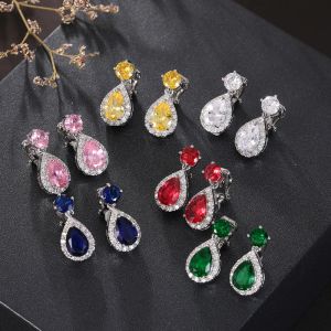 Earrings High Quality Geometric Drop Colorful Zircon Clip on Earring for Women Without Piercing Ear Clip for Women Luxury Wedding Jewelry