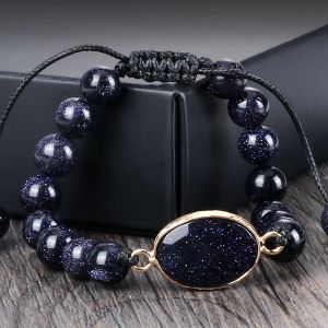 Strängar naturlig sandsten tibetansk buddha armband armband med blå guld färg sten pärlor flätade armband kvinnor män som lyser handledsmycken