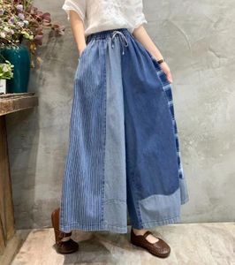 Frauen Jeans Spring Arts Style Frauen elastische Taille lässige Baumwolle Denim Wide Hosen Patchwork Plaid Vintage Loose Plus Size Hosen