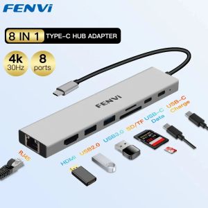 Hubs Fenvi Type C Hub 8 i 1 USB C 3.0 till 4K HDMICOMPATIBLE RJ45 PD 100W Ethernet Port SD/TF Card Slot Docking Station för MacBook