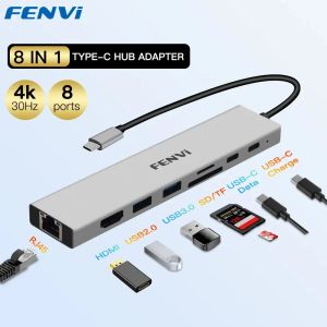 Hubs Fenvi Tipo C Hub 8 in 1 USB C 3.0 a 4K HDMicompatible RJ45 PD 100W Ethernet Port SD/TF Schema slot Stato per MacBook