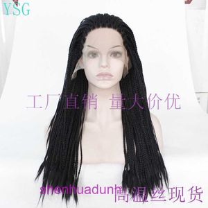 Black long straight braided twisted braid with two braids lace synthetic wig cover in front for women