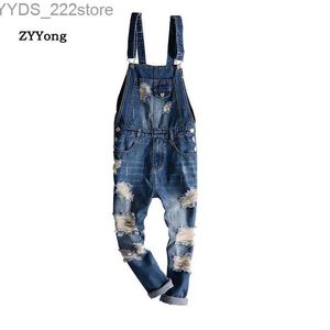 Women's Jeans Blue hole mens denim jumpsuit cardigan jeans bib ankle length hip-hop large pocket Korean cargo pants yq240423