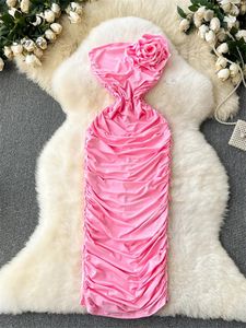 Sıradan Elbiseler Tekerenli Zarif Straplez Gece Elbise 3D Çiçek Sırtsız Katı Kadın Seksi Yaz Kıdemli Şık Bayanlar Prom Partisi