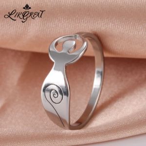 Bande Goddessa Anelli di fertilità per donne Gioielli stregonali in acciaio inossidabile Wicca Pegan Moon Earth Ring Anello Magico Talismano religioso