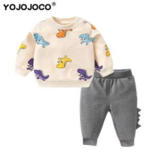 Sets Babykleidung 04 Jahre alte Frühlings- und Herbst -Baumwollanzug Jungen und Mädchen Cartoon Dinosaurier niedliche Freizeitkleidung Baby 2Piece Set