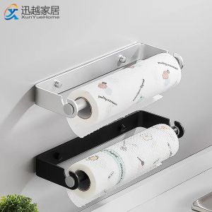 Towels Roll Paper Holder Black Aluminum Cling Film Towel Rack Kitchen Accessories Toliet Tissue Hanger Wall Organizer Storage Shelf