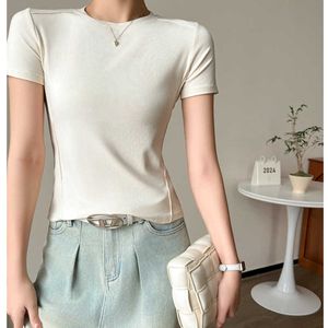 مستخدم الإنترنت 280g الكتف مشروط الكتف Fishbone Round Neck Slim Fit Thort Sleeved T-Shirt Womens Summer Fashion Top