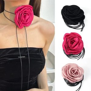 Necklaces Long Rope Chain Flower Necklace Women's Fashion 2023 New Party Romantic Choker Y2K Accessories Flower on Neck Satin Jewelry