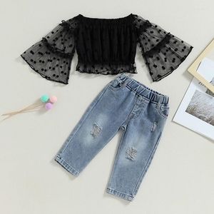 Clothing Sets Toddler Baby Girl Fashion Outfits Long Sleeve Off Shoulder Mesh Dots Print Tops Ripped Jeans Set Children Clothes Suit