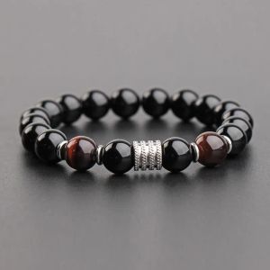 Strands New Tiger Eye Obsidian Obsidian Stainless Aço Pulseira de aço para homens Bracelets de miçangas de miçangas naturais 2023 Moda dos presentes de joias do dia dos pais