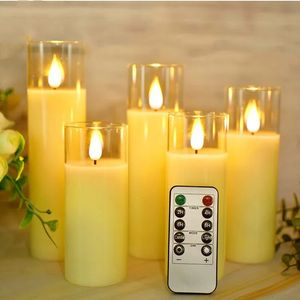 Dia.5.3cm Remote controlled Mini Flameless Glass Candles 3D wick LED Light Flickering USB Rechargeable Pillar Candle Party Decor 240417