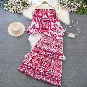 Work Dresses 2024 Spring Red And White Porcelain Print Holiday 2 Piece Set Sexy Women Off Shoulder Chiffon Loose Tops Boho Long Skirt Suits