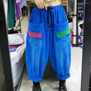 Jeans femininos lavados mulheres outono elástico cintura calças de calças soltas de calça de coloração de coloras de bolso de bolso de pernas largas