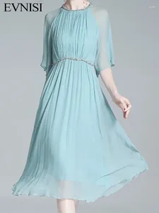 Casual Dresses Evnisi Women Chiffon Dress O-Neck Elegant Office Blue A-Line Fairy Chic Chain Belt for Party Vestido