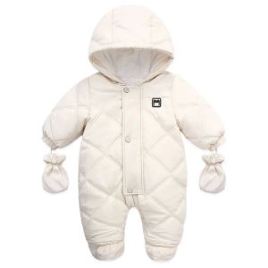 Rockar baby flicka pojke termiska kläder set tecknad björn applikation mönster huva lång ärm romper och handskar vinter