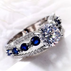 Bands Huitan Specialinterest Wedding Rings Women Blue/White Round CZ Novel Designed Female Party Ring Temperament Gift Trendy Jewelry