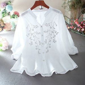 Gitarre 2023 Sommer Neue Damen -Shirts Mode plus Größe lose Freizeit schwere Industrie Stickerei Blume Literarische Damen -Shirts Tops H14