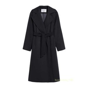 Women's Coat Cashmere Coat Luxury Coat MAX Maras Womens Navy Blue Casual Luxury Lace Up Mid Length Wide Flip Neck Coat