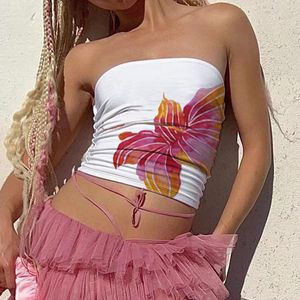 Kvinnors tankar Y2K Tube Top Women Floral Print Off Axel Axless Backless ärmlös Sexig som går ut monterad Crop Bandeau Tank