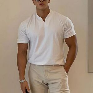 Summer Men Business Causal Tshirt Beach Fashion State sottile Collar Solid Tee Vneck Fitness traspirante top streetwear coreano 240411