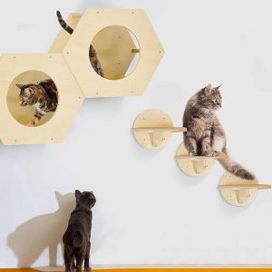 Scratchers duvarlı kedi paletli evcil hayvan mobilyaları ahşap kedi merdiven dairesel kombinasyon pedal hamak kedi aktivitesi kapalı kedi evi