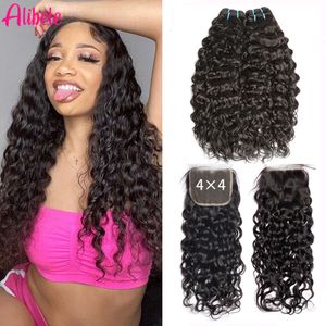 Alibele Water with 3/4 Bundles with 4x4 Lace Closure 12-30 Inch Natural Wave Hair