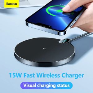 Chargers Baseus 15W Qi trådlös laddare för iPhone 13 12 11 Pro AirPods Desktop LED Display Fast Wireless Charging Pad för Samsung Xiaomi
