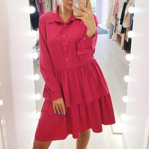 Casual Dresses Fashion Turndown Collar Cake Shirt Dress Women LongeeLes Lose A-Line Elegant Single-Breast Solid Mini