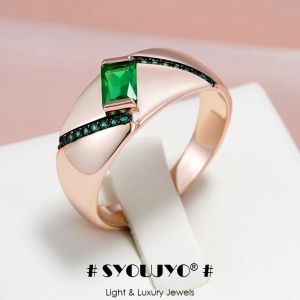 Band Syoujyo Luxury Dark Square Green Opal Zircon Rings for Women Vintage Black Plating Fine Smycken Rose Gold Color Wedding Rings