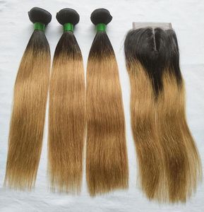 T 1B 27 Ombre Colored Hair Bundles with Closure Brazilian Straight Human Hair Ombre Blonde 3 Bundles with 4x4 Middle Part Lace Clo3732021