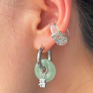 Örhängen xialuoke ny unik grön jade runda rostfritt stål hoop örhängen för kvinnor vintage elegant örhänge örhängen uttalande smycken