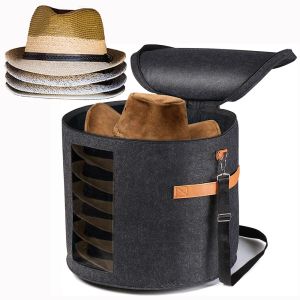 Bins Large Hat Storage Box Portable Felt Organizer Bucket Foldable Travel Bag Zippered Lid Clear Window Adjustable Shoulder Strap