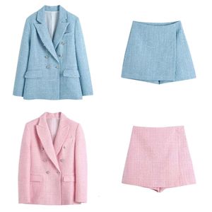 Women TRAF Fashion Tweed Double Breasted Blazer Coat Vintage Long Sleeve Flap Pockets Female Outerwear Chic Veste Femme 220818