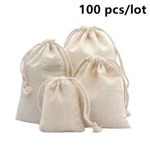 Väskor 100 datorer/mycket bomullsdragningspåsar för bröllop julklapp diy paket små vanliga påsar hem dammtät förvaring säckar