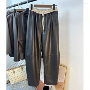 Pantaloni da donna per donne in pelle vera pelle classica femmina dritta abito con pipeline più alte gambe lunghe gambe casual streetwear elastico vita