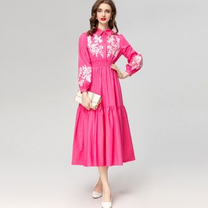 Women's Runway Dresses Turn Down Collar Long Sleeves Embroidery Elastic Waist Ruffles Fashion Mid Vestidos