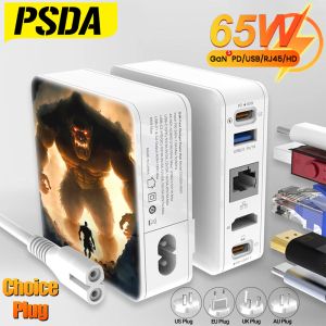Laddare PSDA 3D Orangutan GaN 65W Fast Charger Portable 5 i 1 dockningsstation med Ethernet/PD3.0/USB2.0/HD4K för TV -switch -bärbara datorer