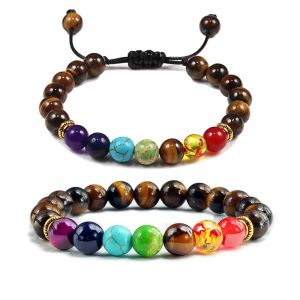 Странды Мужчины Женщины 7 Чакра из бисера браслетов Bangles Healing Tiger Eye Stone Chakra молитвенный шарм Будда Регулируемые ювелирные подарки