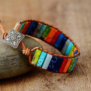 Strands Chakra Bracelet Jewelry Handmade Multi Color Natural Stone Tube Beads Leather Wrap Bracelet Couples Bracelets Gifts