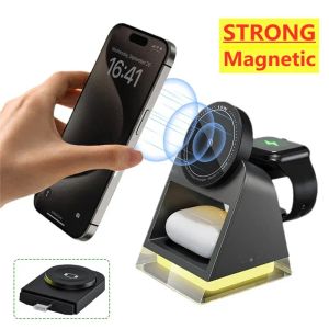 Chargers 3 In 1 Magnetic Wireless Charger Stand Led Light Fast Wireless Charging Station Dock for iPhone 15 14 13 12 Apple Watch Airpods