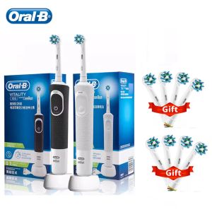 Cabeças Oral B Vitalidade Cruzada Cruzada de dentes elétrica Recarregável com 2 minutos Rotação do timer de dentes brancos limpos preto/branco escova