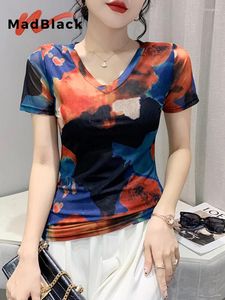 Women's T Shirts Madblack European Clothes Tshirt Women V Neck Position Print Slim Mesh Tops Short Sleeve Tees Autumn Winter 2024 T38388JC