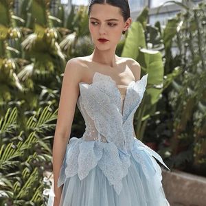 Party Dresses 14186#Elegant V-ringning Beading Floral Illusion Puffy Tulle Pleat Luxurious Maxi Simple Prom Gown Club Formell kväll