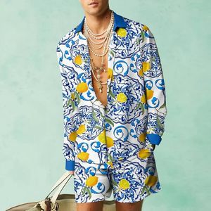 2023 Men Fashion Long Sleeve Shirt Set Hawaiian Summer Casual Beach Clothing Vacation Wear 3D Floral Printing 2 Piece Tops Pants 240420