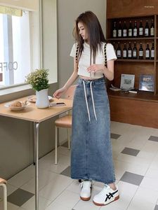 Юбки для завязки джинсовая ткань женщины с высокой талией сплошная длинная юбка повседневная корейская модная уличная одежда с винтажными подростками