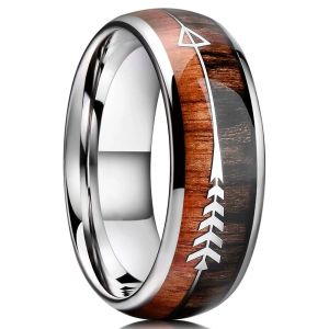 Bands Fashion 8mm Silver Color Stainless Steel Arrow Rings for Men Women Inlaid Hawaiian Koa Wood Rings Men Wedding Band Jewelry Gifts