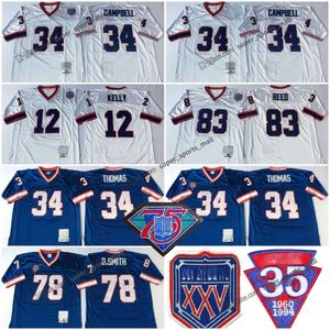 Calcio di ritorno al passato 34 Thurman Thomas 1986 Maglie da calcio 12 Jim Kelly 78 Bruce Smith 83 Andre Reed Cucite Jersey Bowl xxv Men S-XXXL